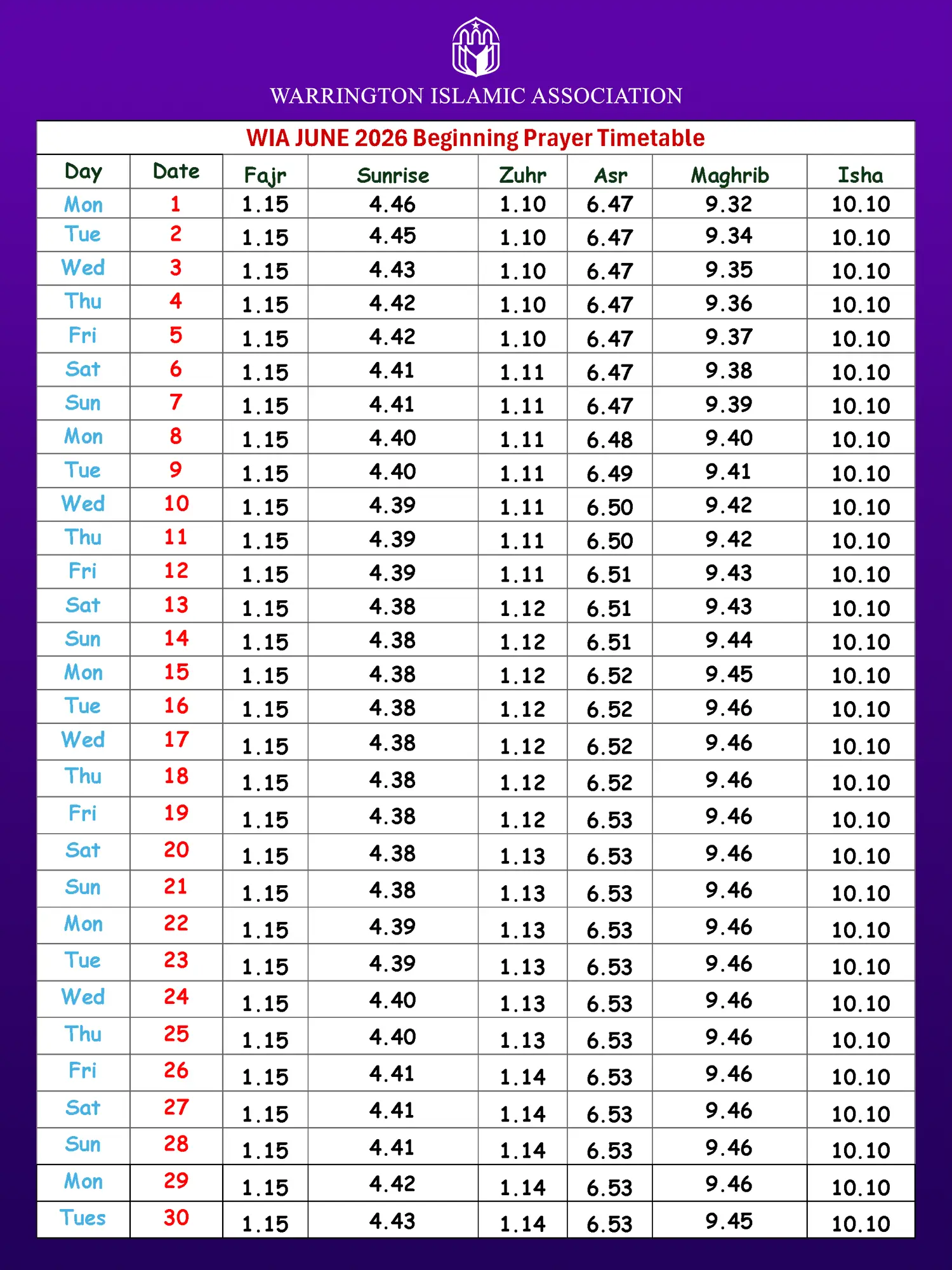 Warrington Namaz Times June 2026