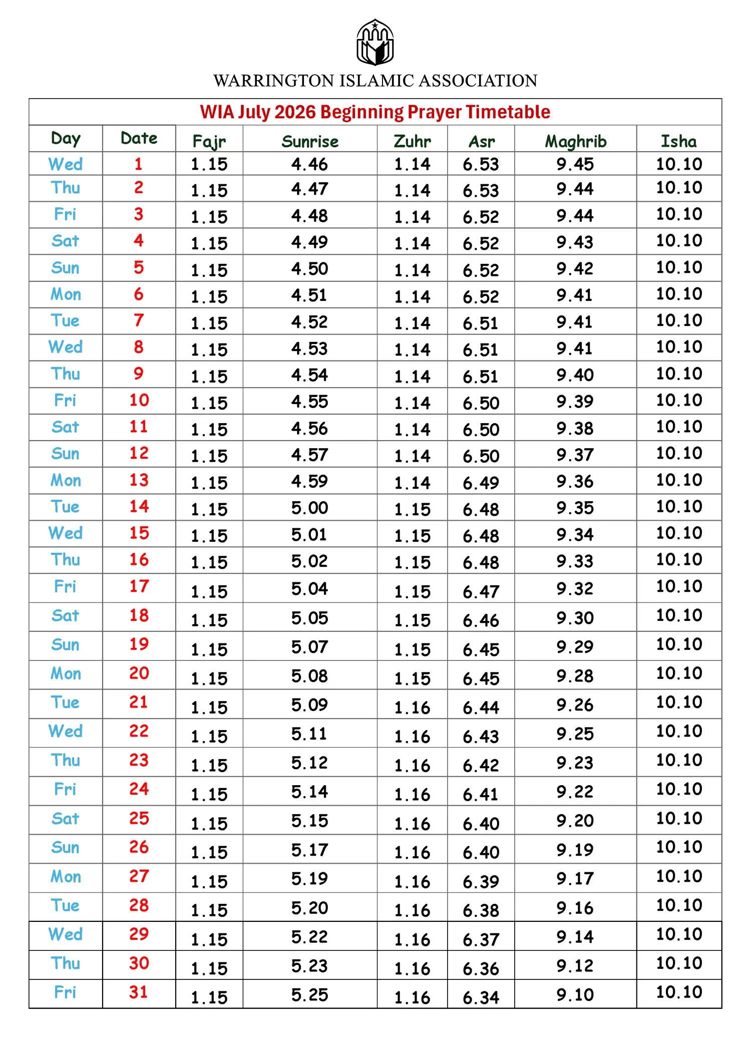 Warrington Prayer Times July 2026