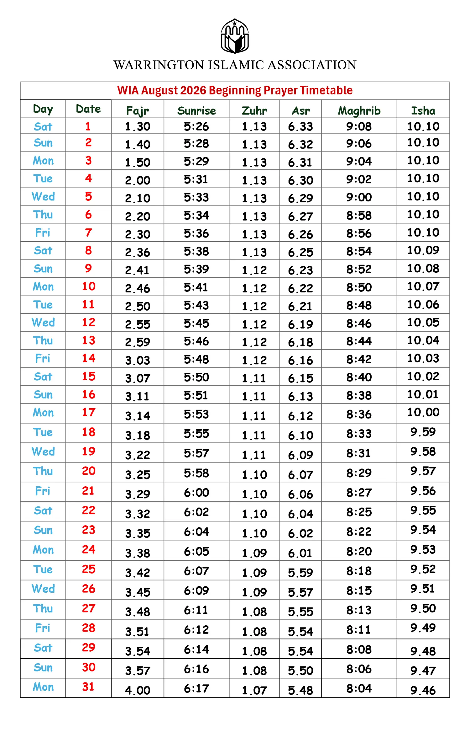 Warrington Namaz times August 2026