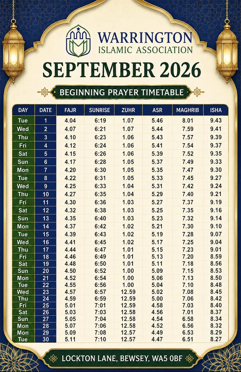 Warrington Namaz times September 2026
